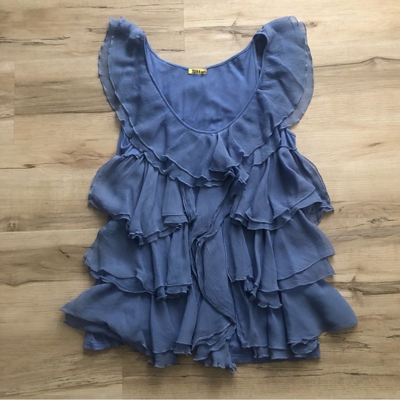 Vintage 100% Silk Blue Ruffled Tank Top - Picture 2 of 9